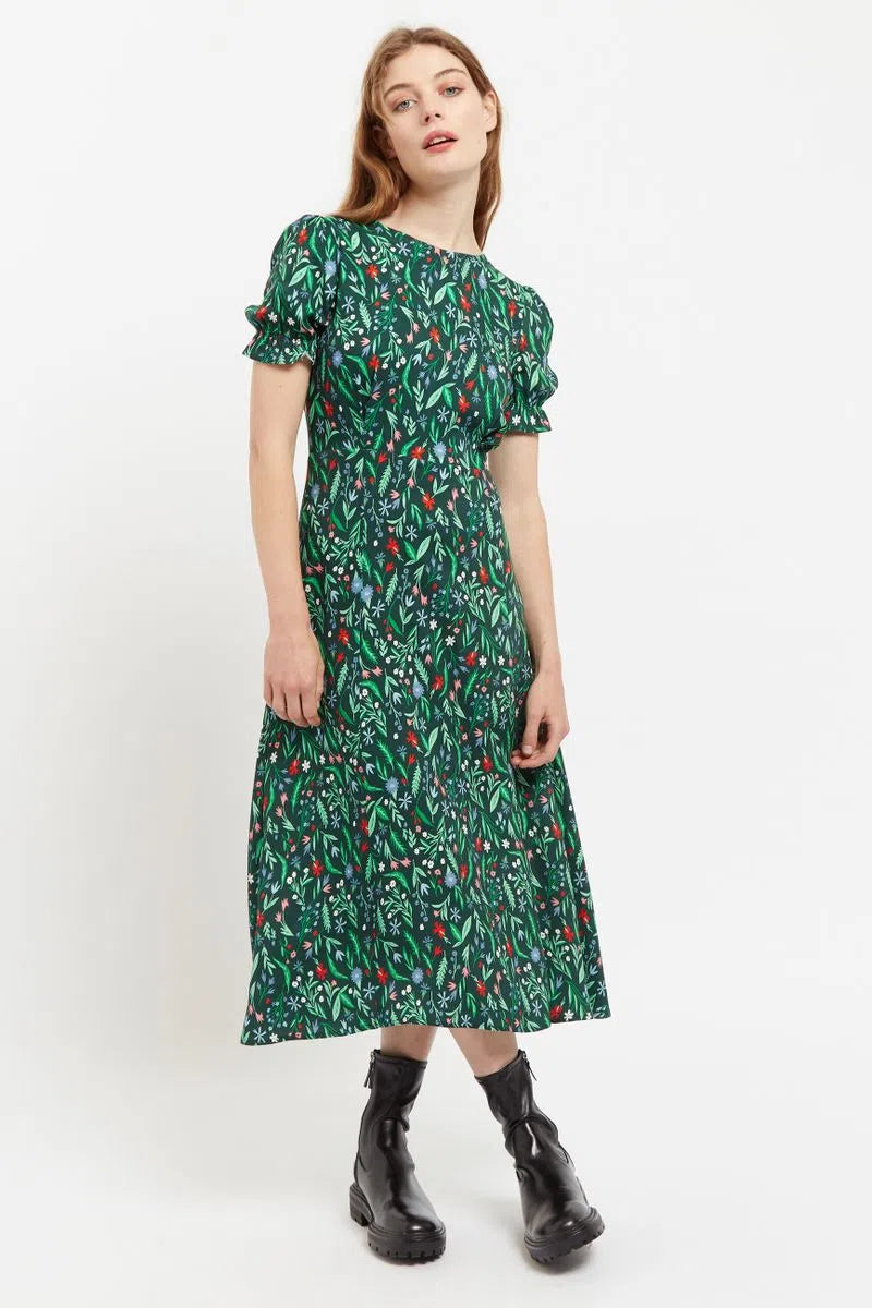 Louche Flo Folk Floral Print Puff Sleeve Midi Dress
