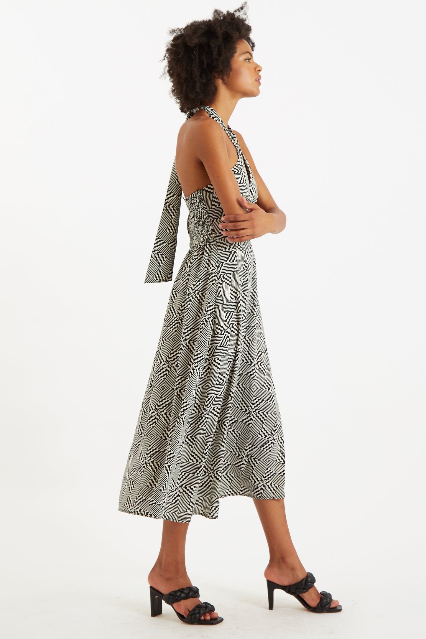 Geri 60s Patchwork Tie Neck Halter Midi Dress