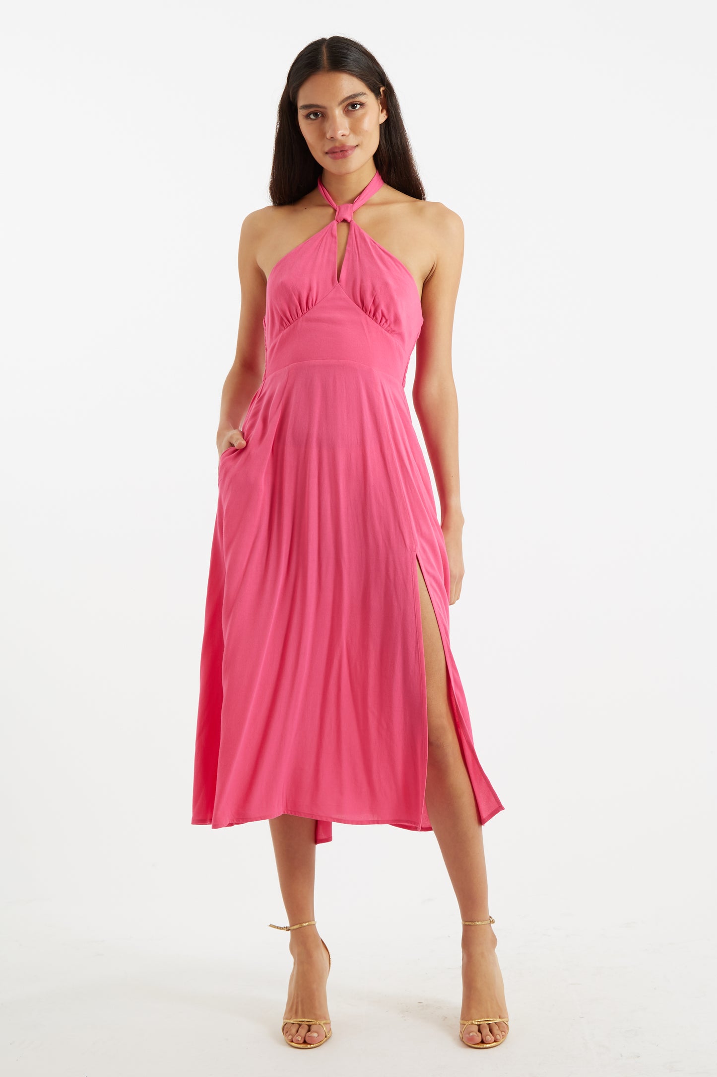 Geri Moss Crepe Halter Neck Midi Dress Pink