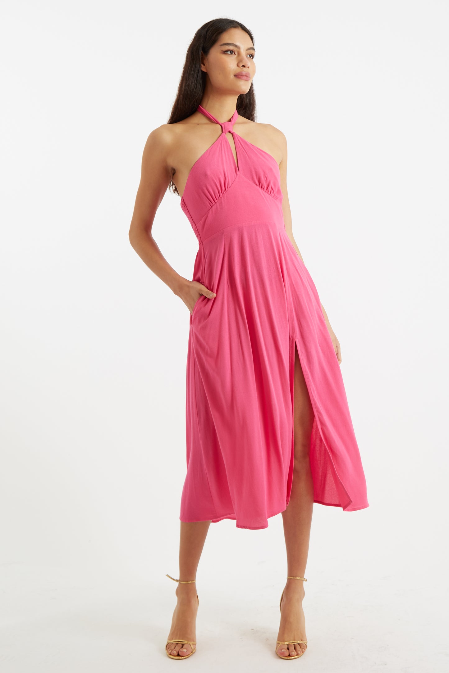 Geri Moss Crepe Halter Neck Midi Dress Pink