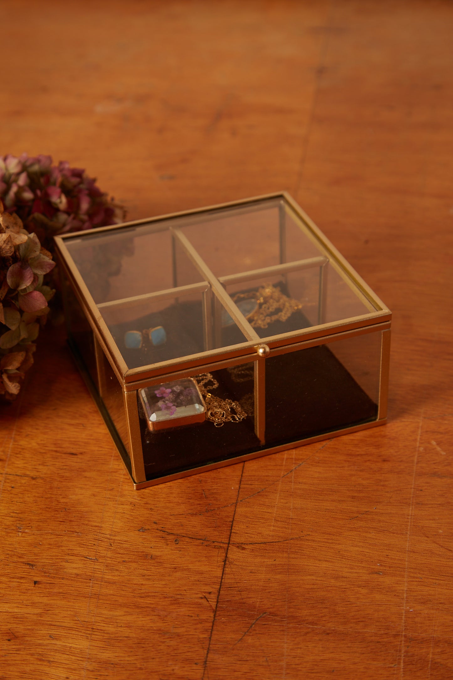 Four Section Velvet Lined Glass Trinket Box - Black