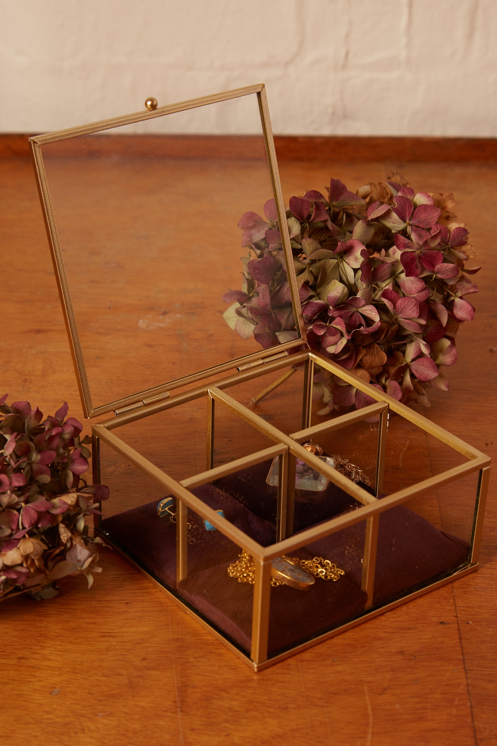 Four Section Velvet Lined Glass Trinket Box Burgundy