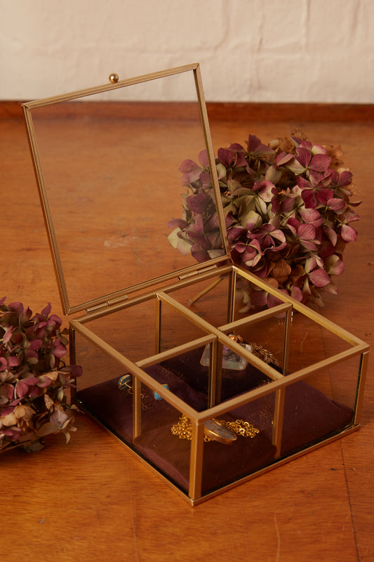 Four Section Velvet Lined Glass Trinket Box Burgundy