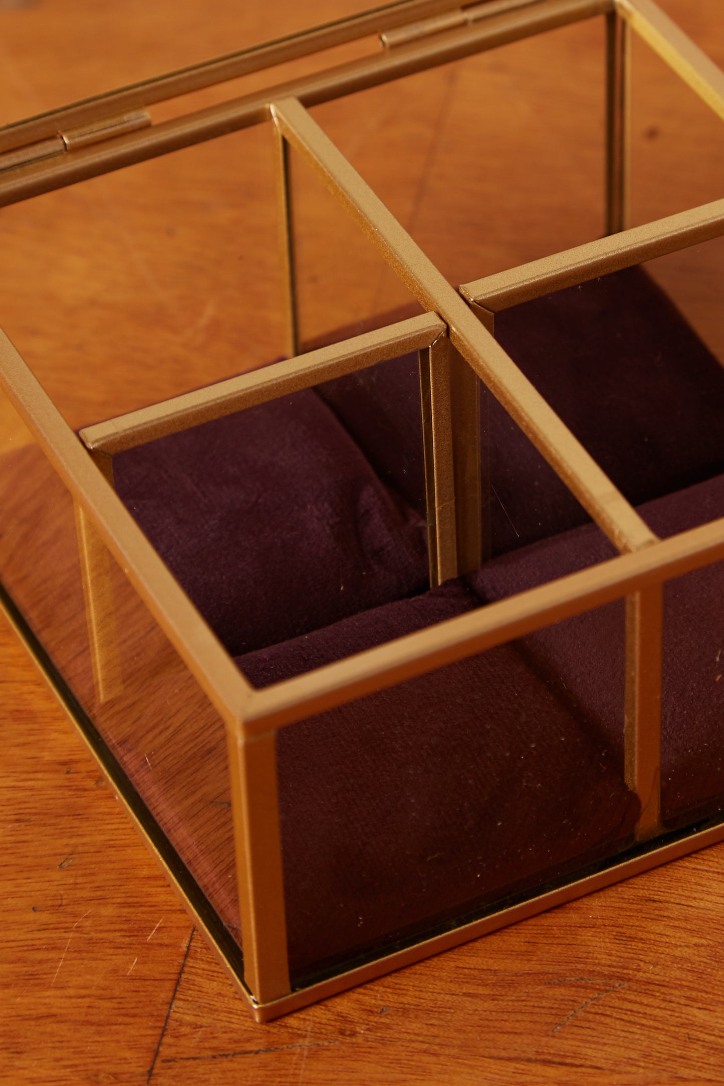 Four Section Velvet Lined Glass Trinket Box Burgundy