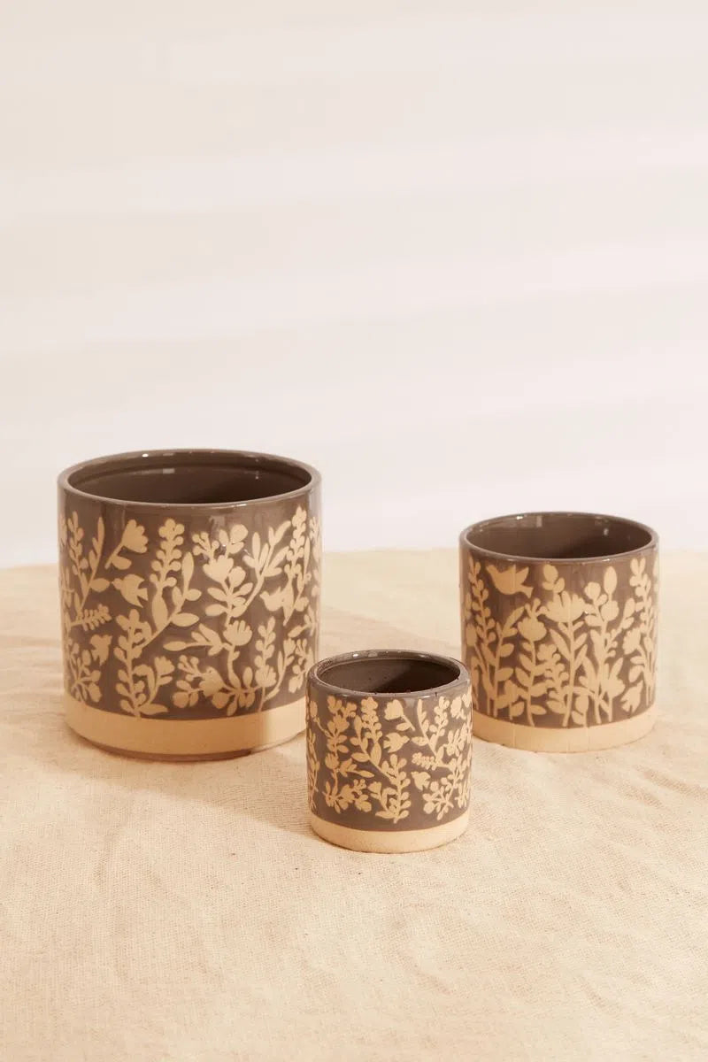 Set Of 3 Floral Embossed Glazed Planters In Grey