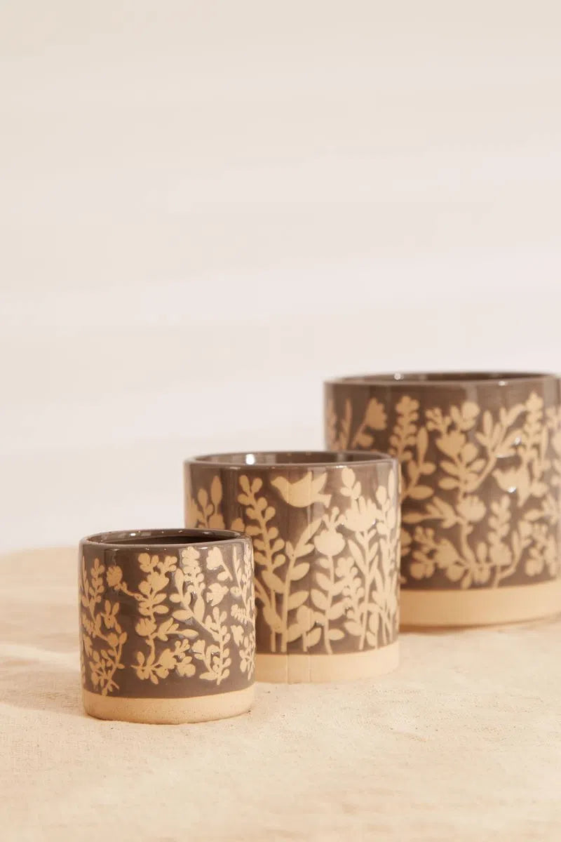 Set Of 3 Floral Embossed Glazed Planters In Grey - Styled