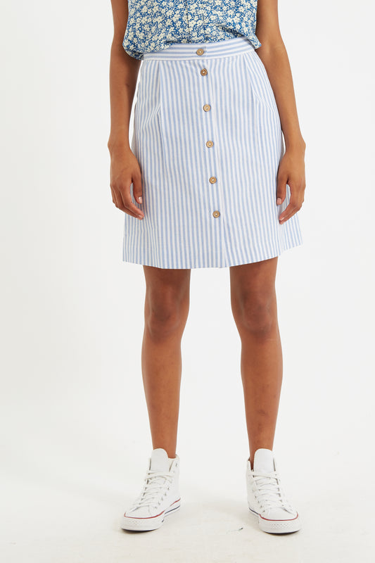 Hela Sail Stripe Button Through A-Line Mini Skirt Blue