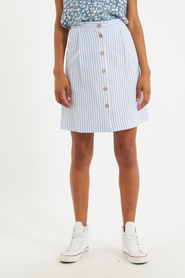 Hela Sail Stripe Button Through A-Line Mini Skirt Blue - Front