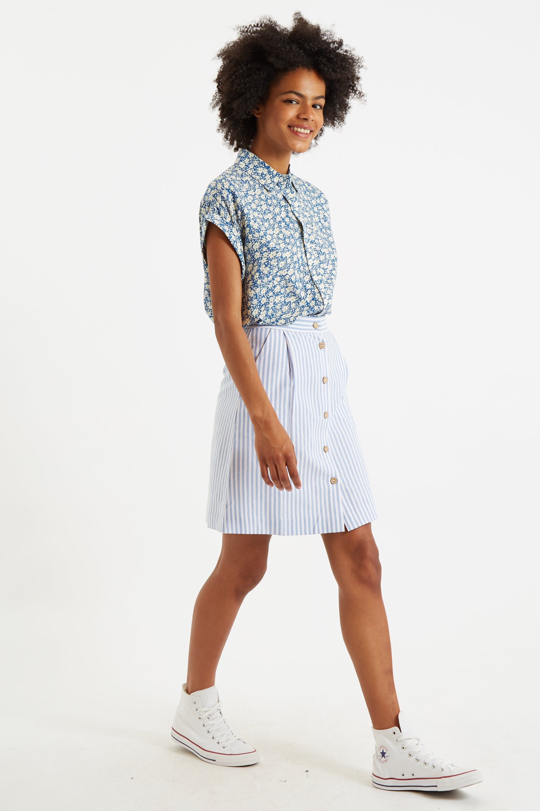Hela Sail Stripe Button Through A-Line Mini Skirt Blue - Detail 2