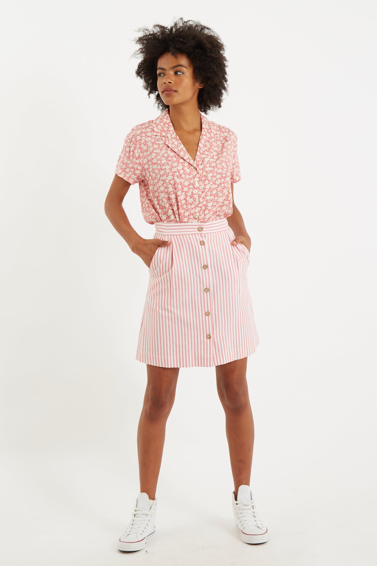 Hela Sail Stripe Button Through A-Line Mini Skirt