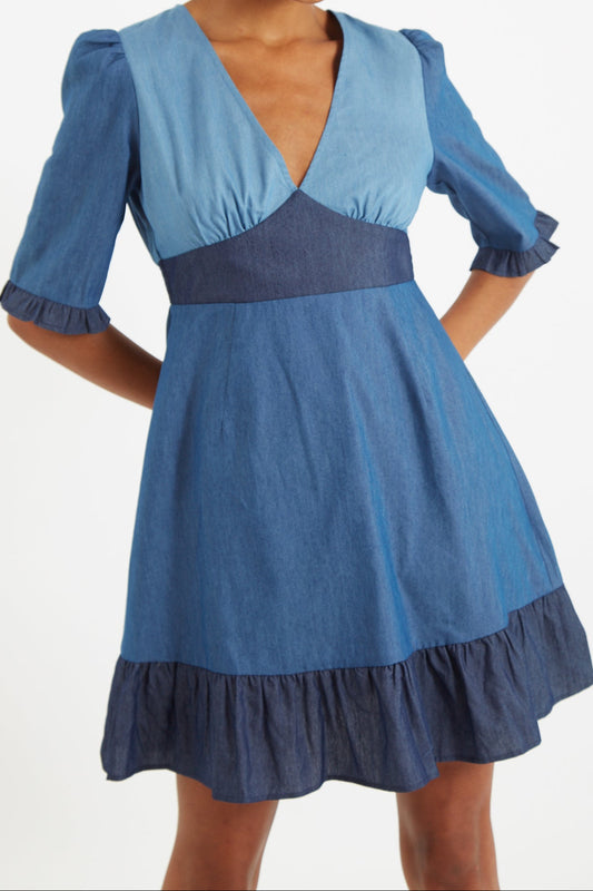 Honie Double Denim V-Neck Mini Dress