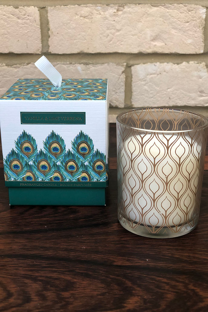 Vanilla Lime Verbena Peacock Design Glass Filled Candle Vanilla