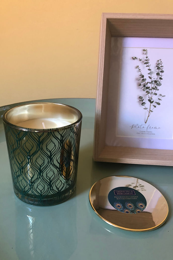 Fig Bergamot Peacock Design Glass Filled Candle Fig Lid