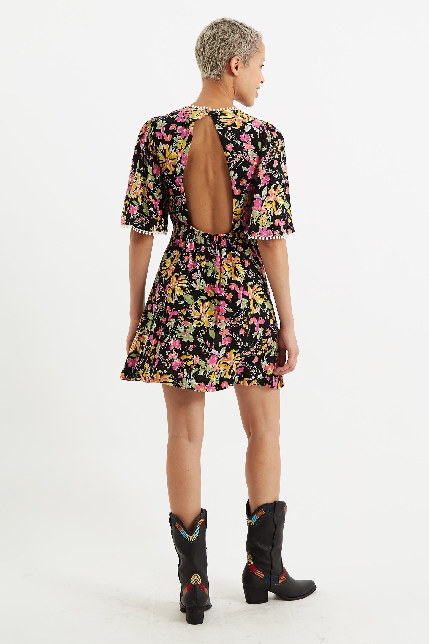 Liffy Flower Burst Cut Out Back Mini Dress