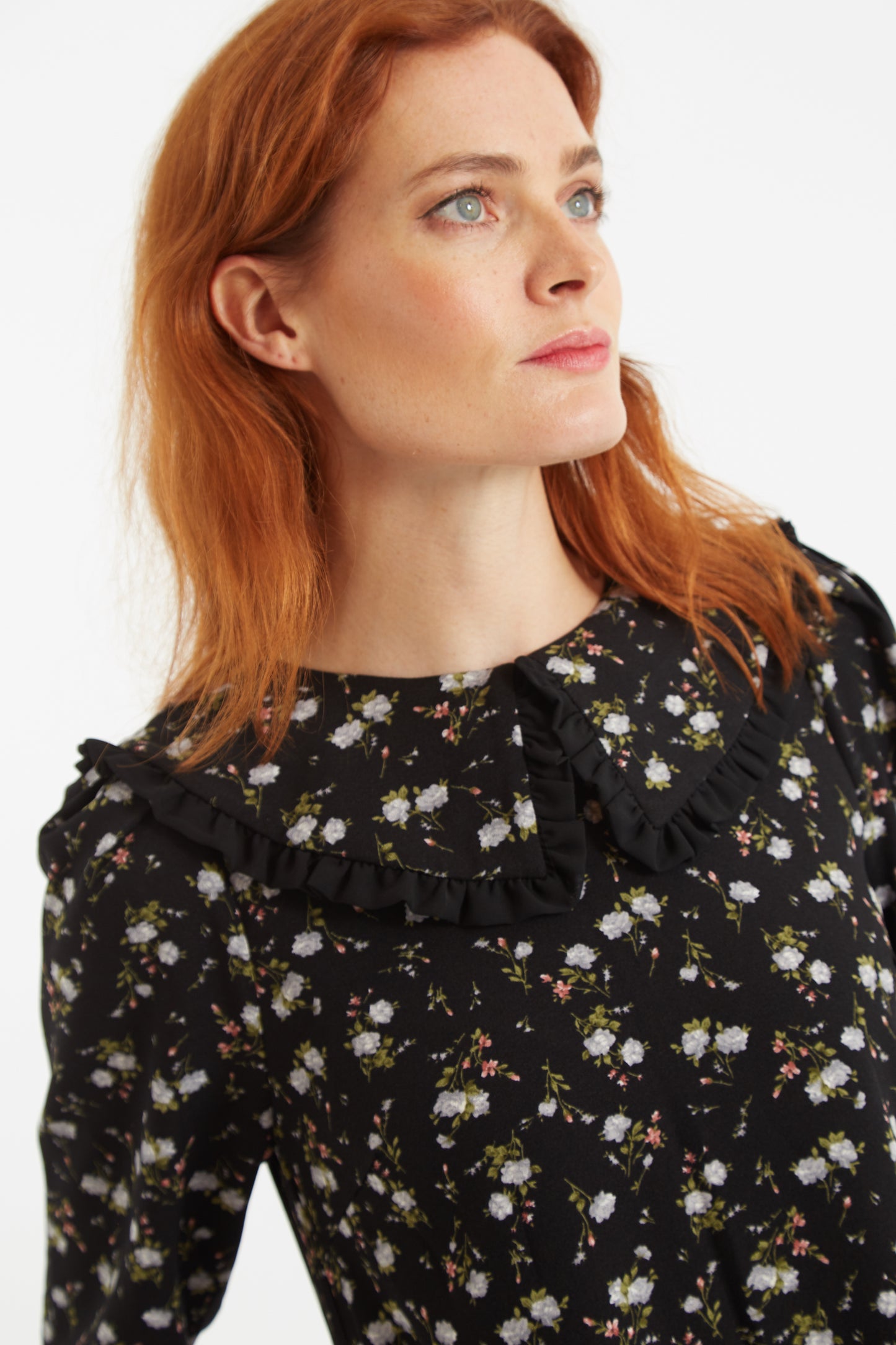 Jeanine Slavic Flowers Print Statement Collar Mini Dress
