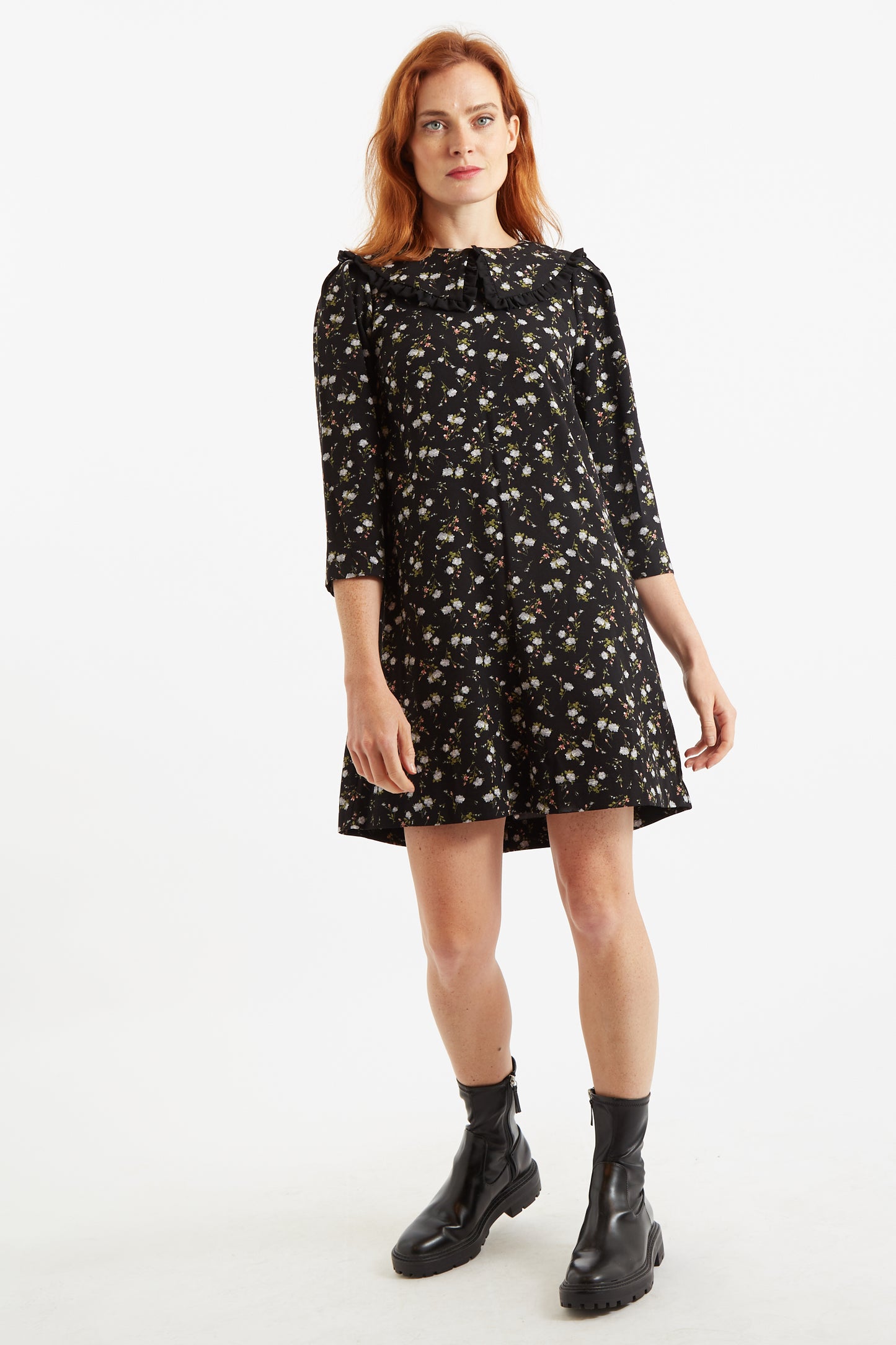 Jeanine Slavic Flowers Print Statement Collar Mini Dress