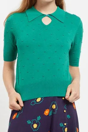 Josephina Raindrops Textured Short Sleeve Collared Sweater Green