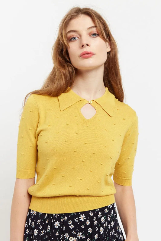 Josephina Raindrops Textured Short Sleeve Collared Sweater Mustard