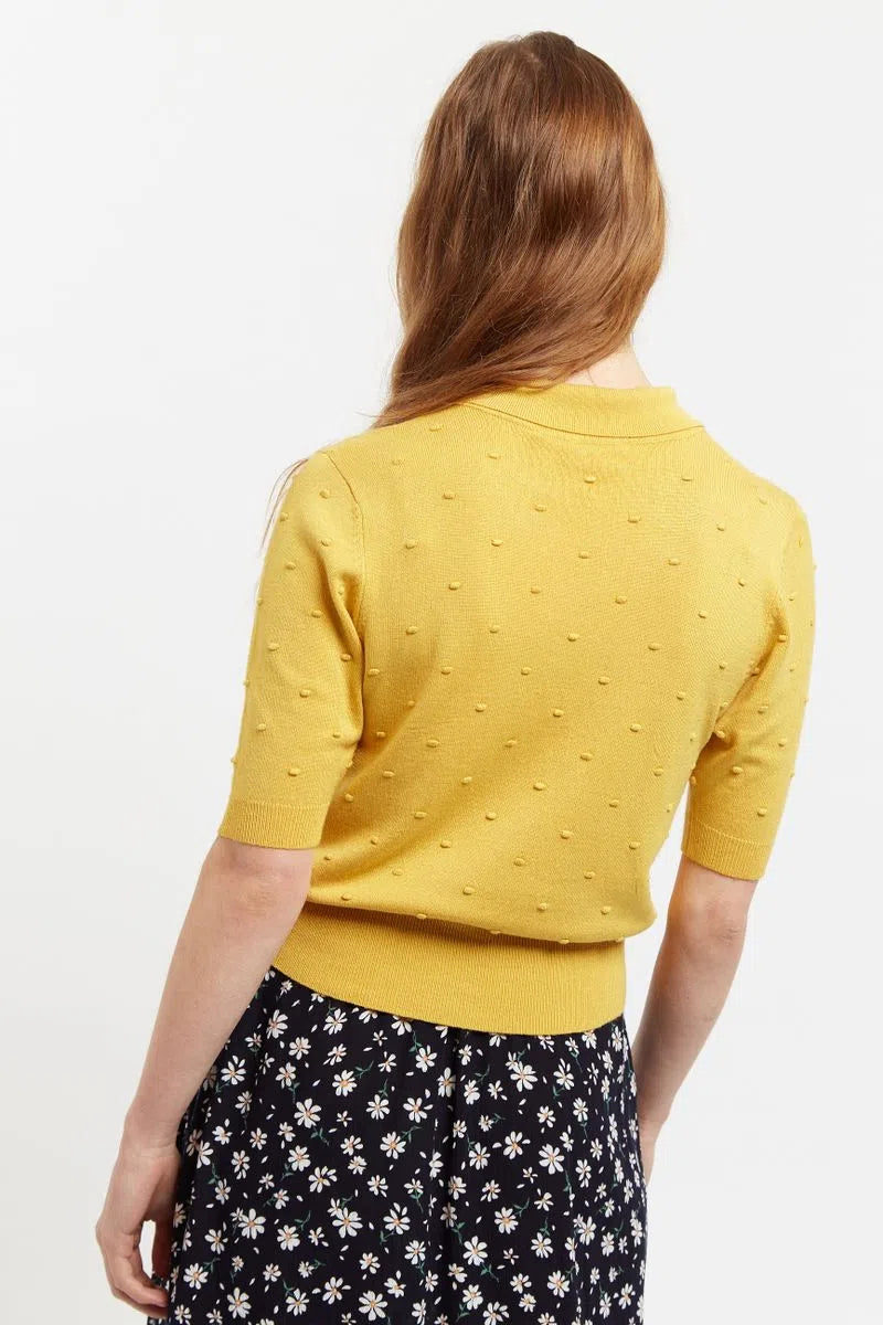 Josephina Raindrops Textured Short Sleeve Collared Sweater Mustard