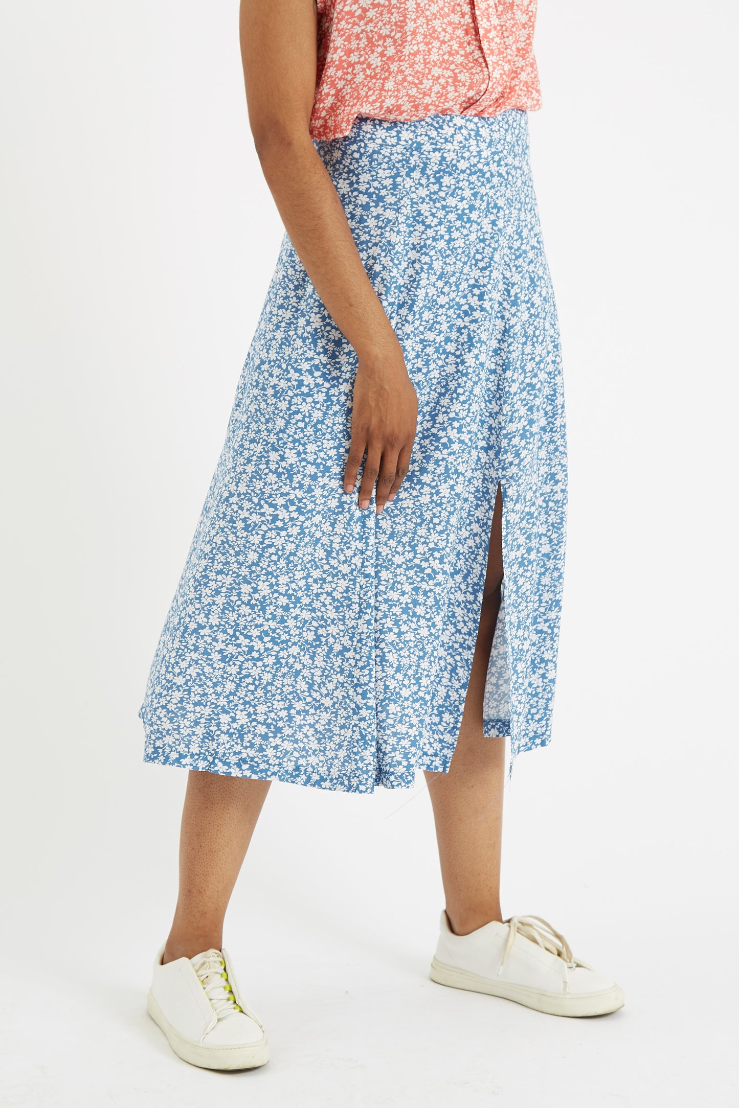 Louche Kiyo Micro Blossom Print Midi Skirt In Blue