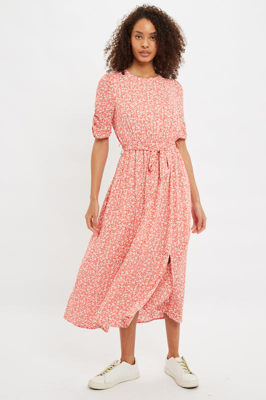 Louche Kiza Micro Blossom Print Short Sleeve Midi Dress In Pink