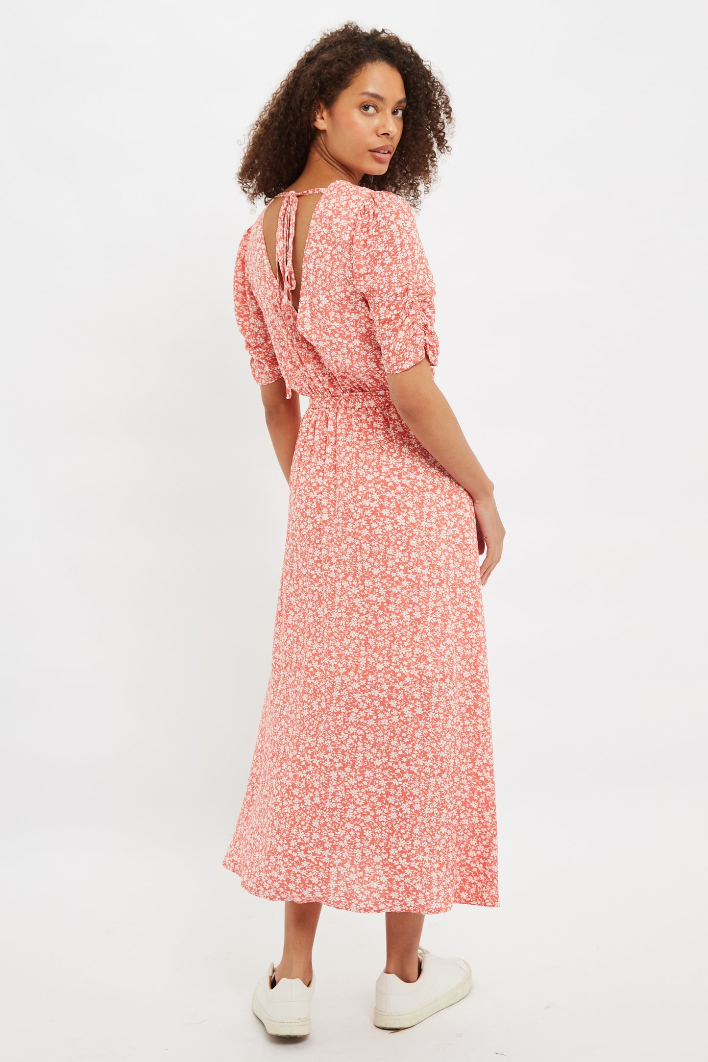 Louche Kiza Micro Blossom Print Short Sleeve Midi Dress In Pink