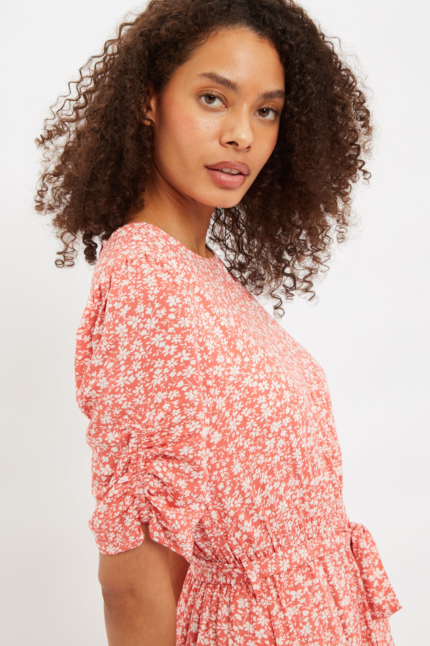 Louche Kiza Micro Blossom Print Short Sleeve Midi Dress In Pink
