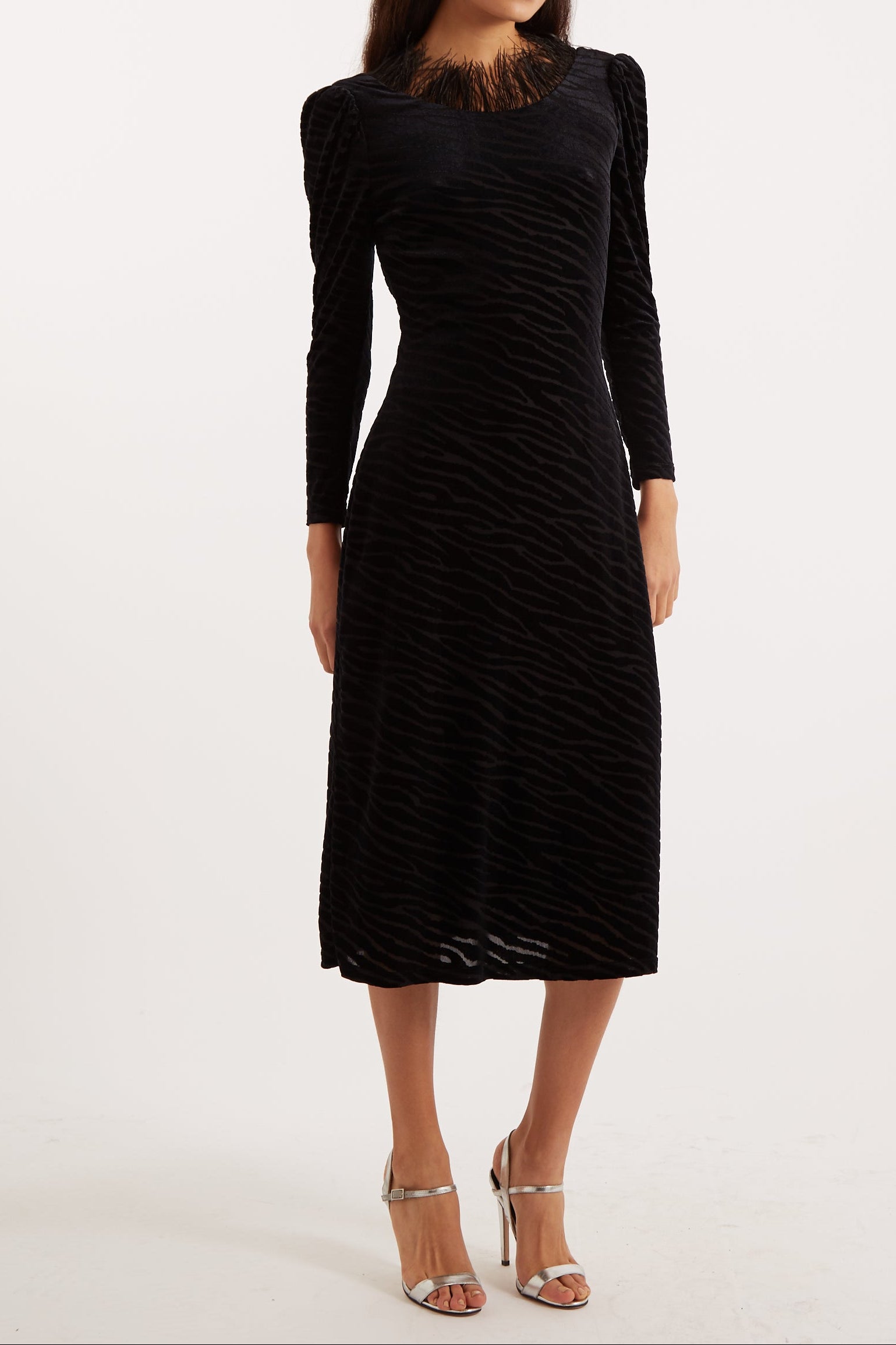 Krystel Zebra Devore Feather Trim Midi Dress Black