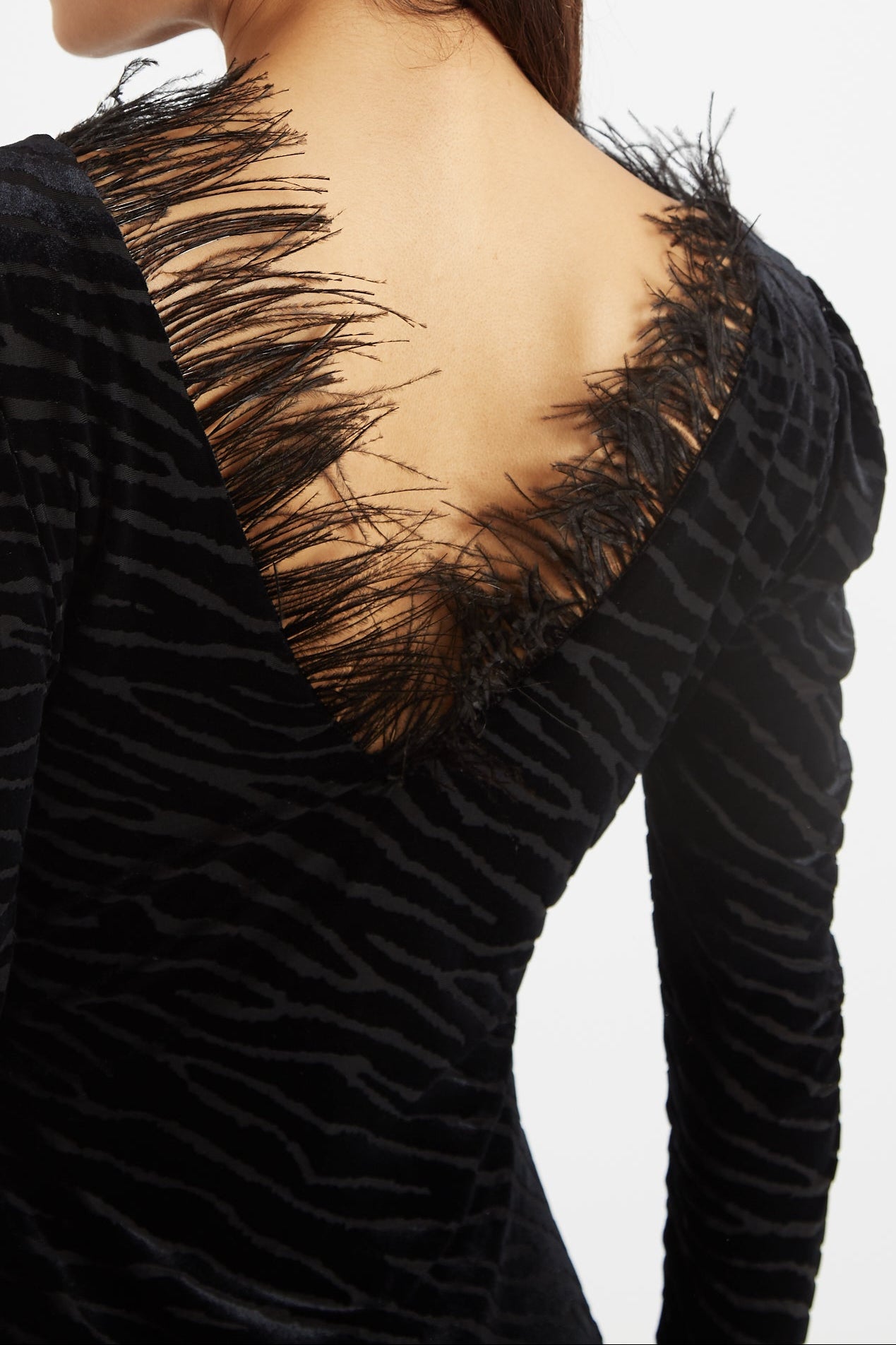 Krystel Zebra Devore Feather Trim Midi Dress Black - Detail 2