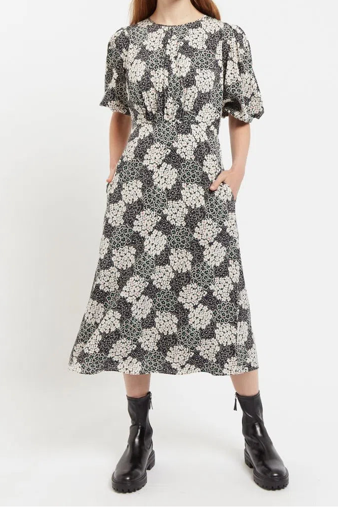 Leonore Flower Patch Balloon Sleeve Midi Dress in Black & White