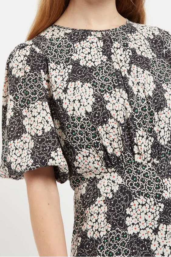 Leonore Flower Patch Balloon Sleeve Midi Dress in Black & White - Detail 1