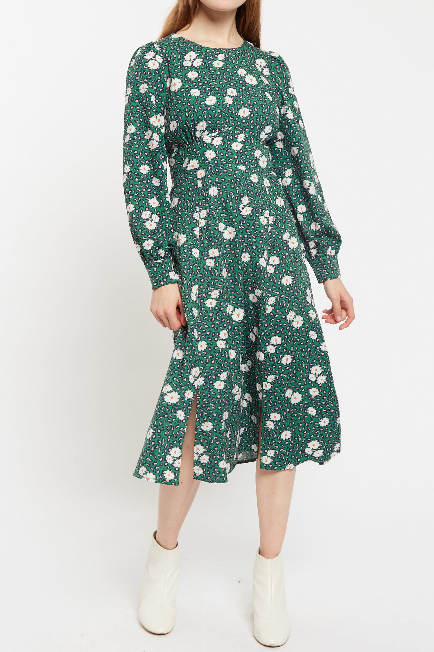 Liv Roaring Daisy Print Long Sleeve Midi Dress - Green