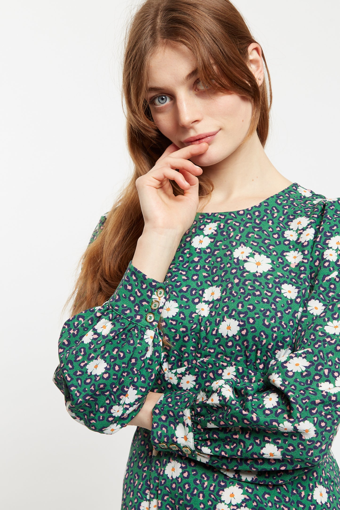 Louche Liv Roaring Daisy Print Long Sleeve Midi Dress - Green
