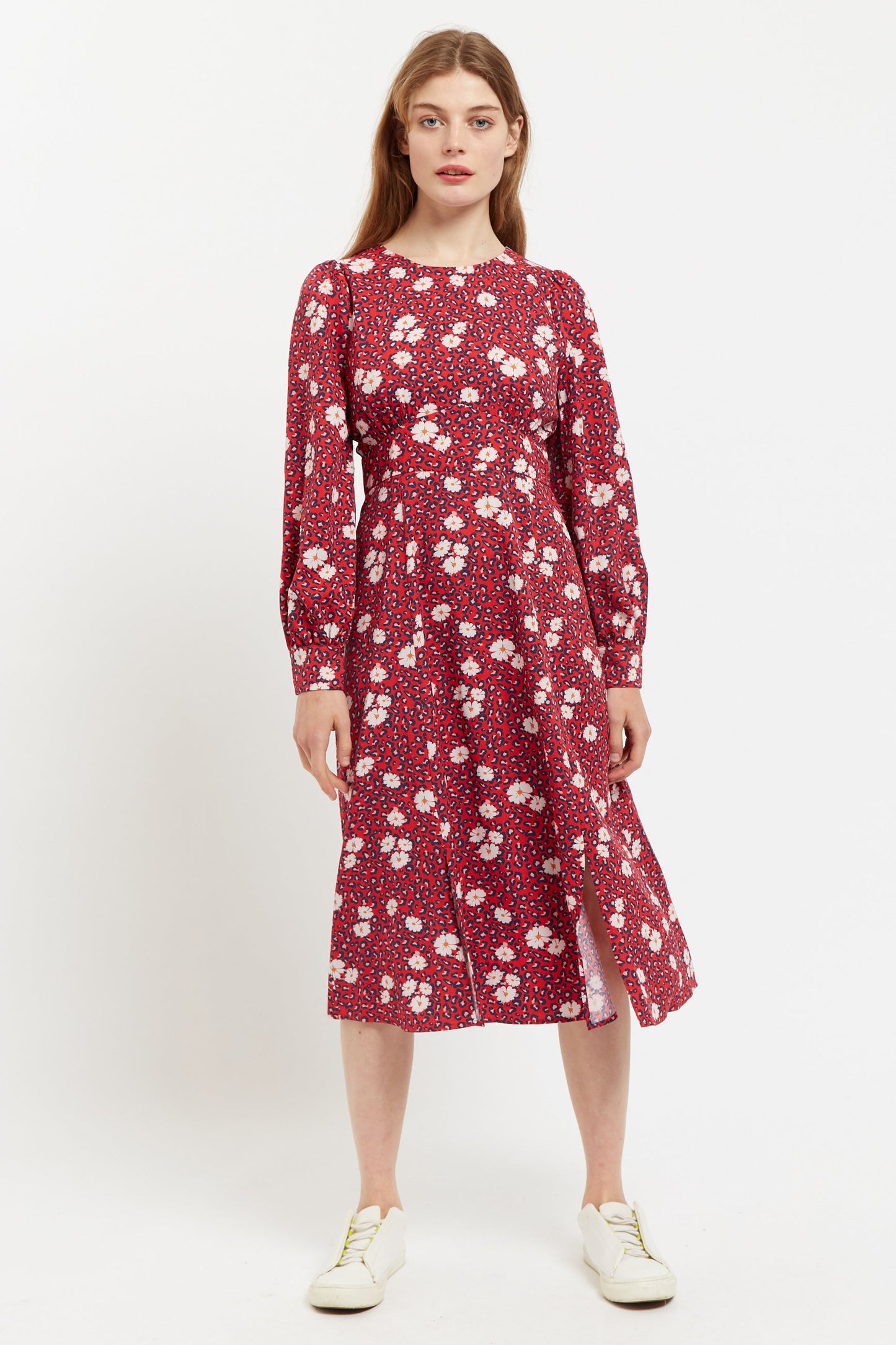 Louche Liv Roaring Daisy Print Long Sleeve Midi Dress - Red