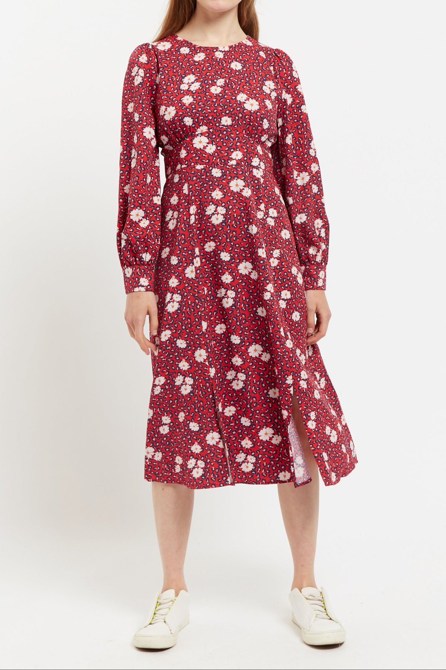 Louche Liv Roaring Daisy Print Long Sleeve Midi Dress - Red