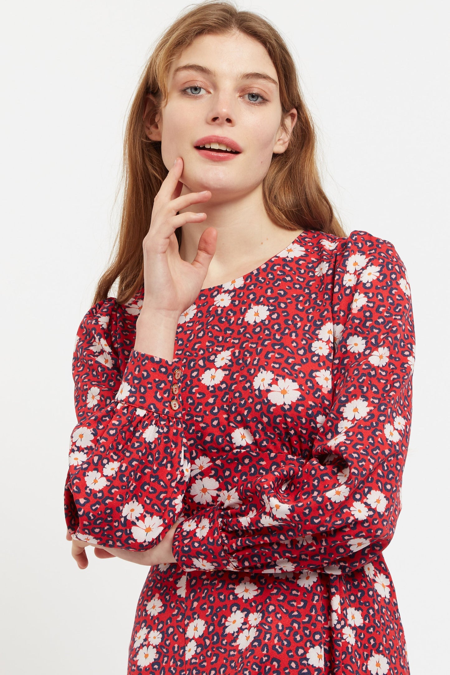 Louche Liv Roaring Daisy Print Long Sleeve Midi Dress - Red