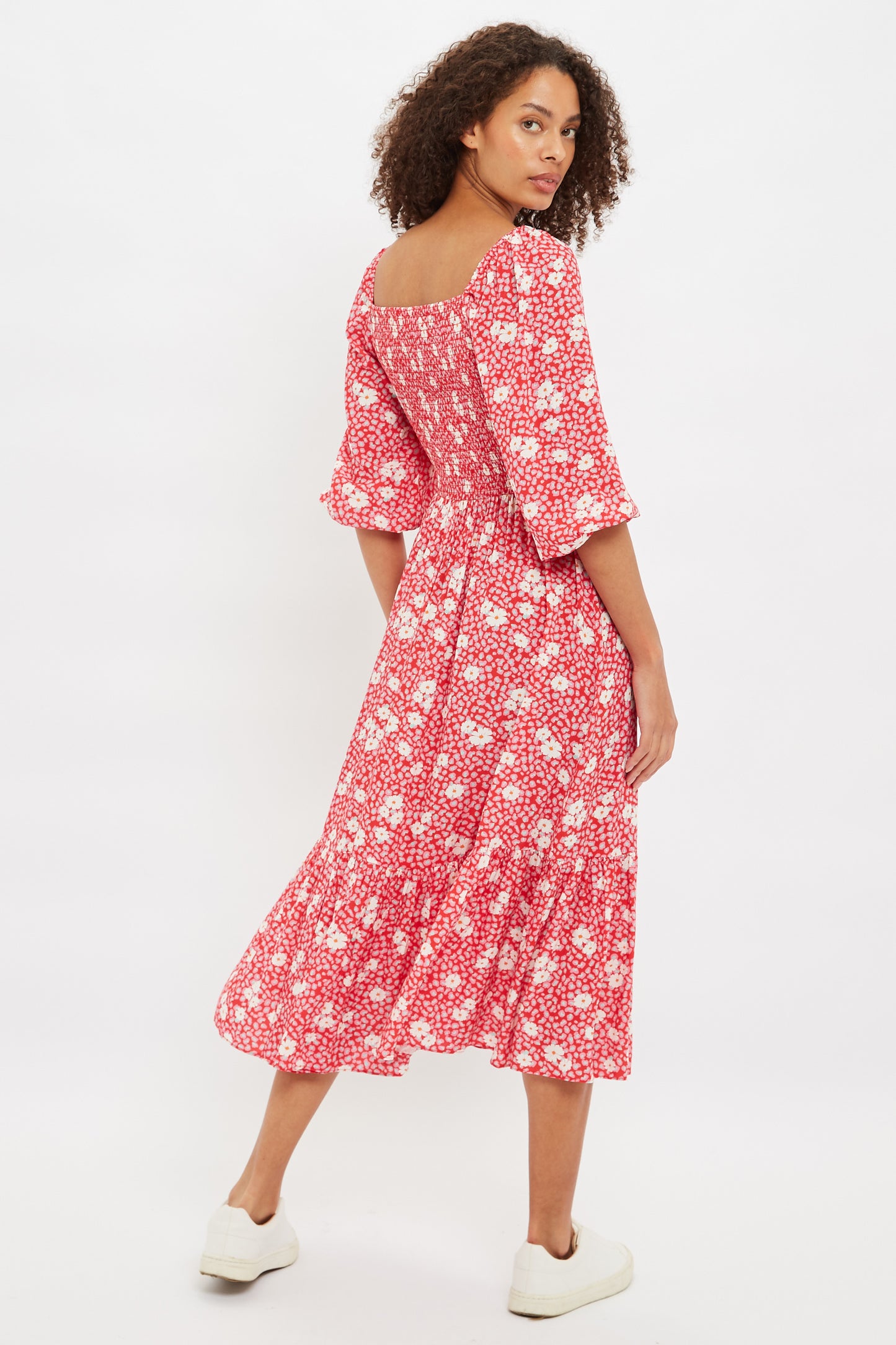 Louche Loe Roaring Daisy Print Shirred Bodice Midi Dress