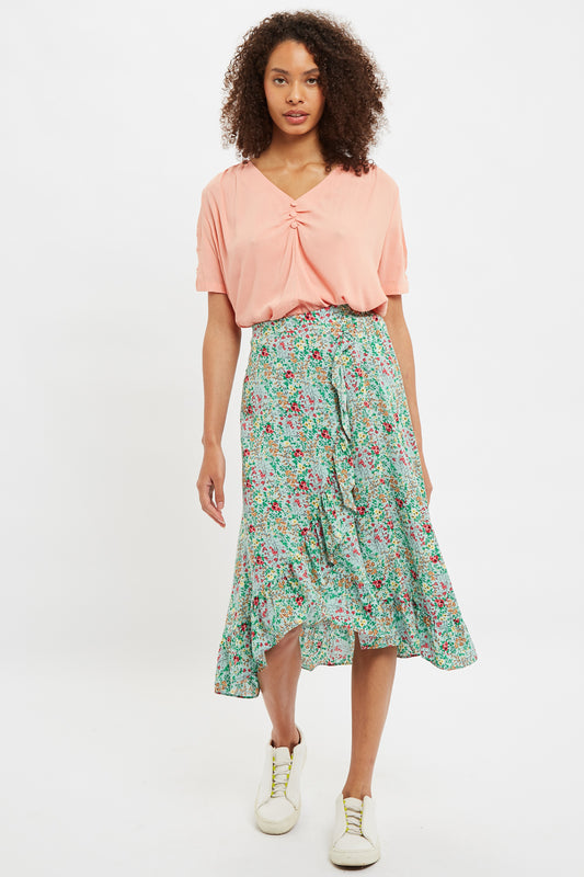 Louche Mara Flower Show Print Ruffle Hem Wrap Midi Skirt