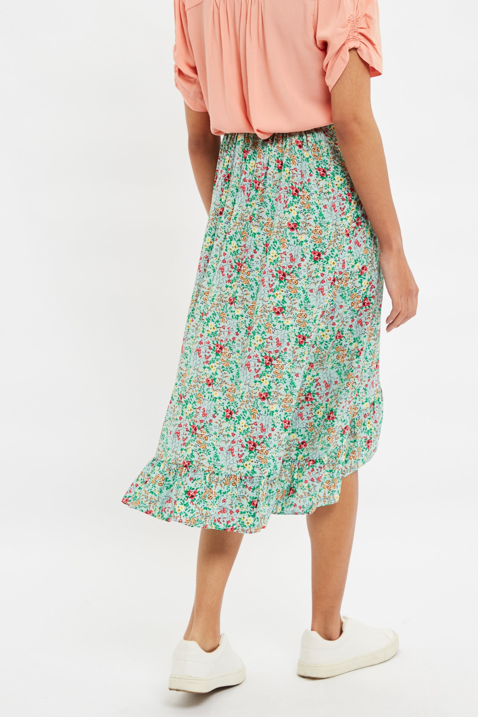 Louche Mara Flower Show Print Ruffle Hem Wrap Midi Skirt