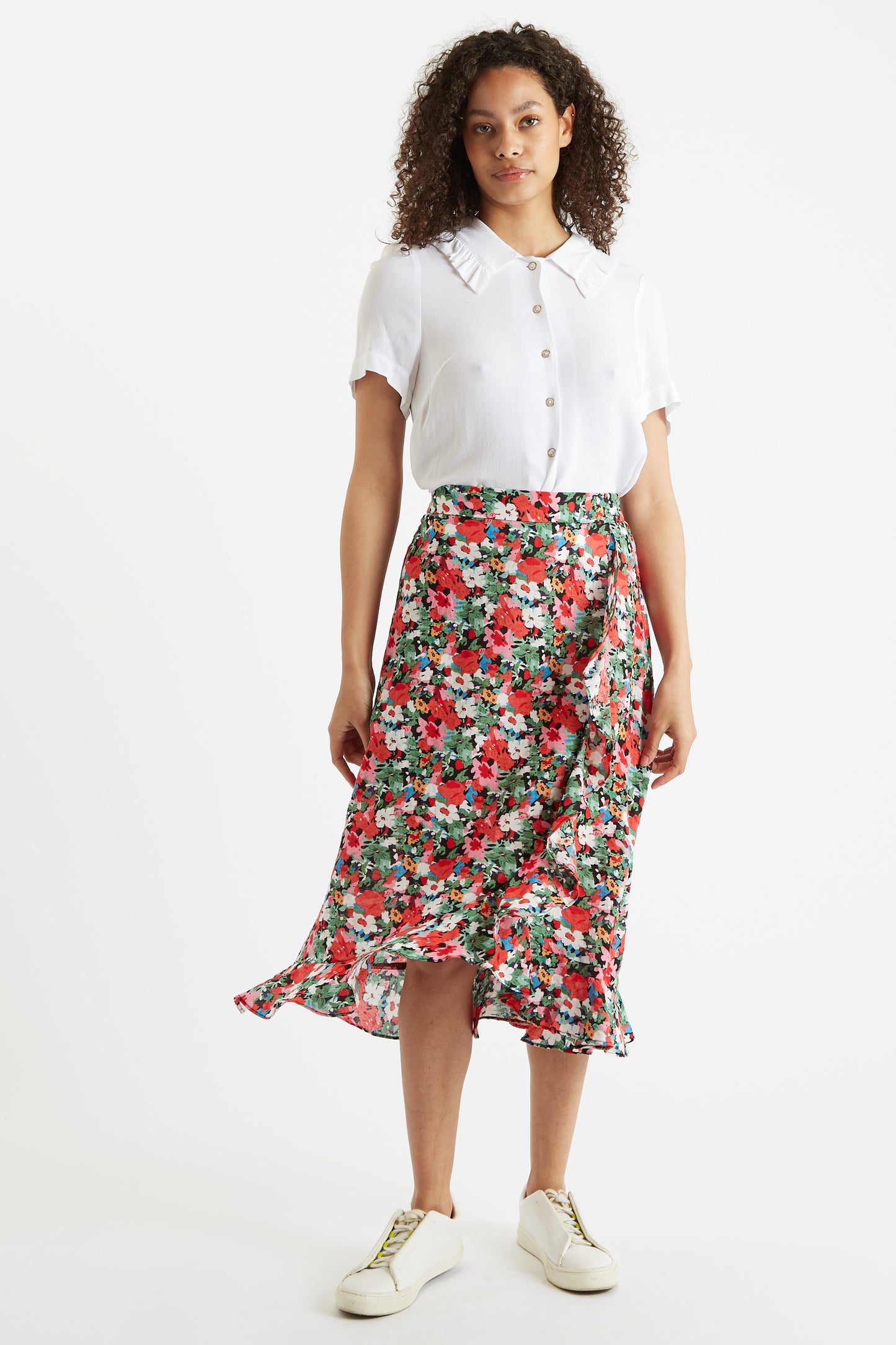 Louche Mara Flower Splash Print Ruffle Hem Wrap Midi Skirt