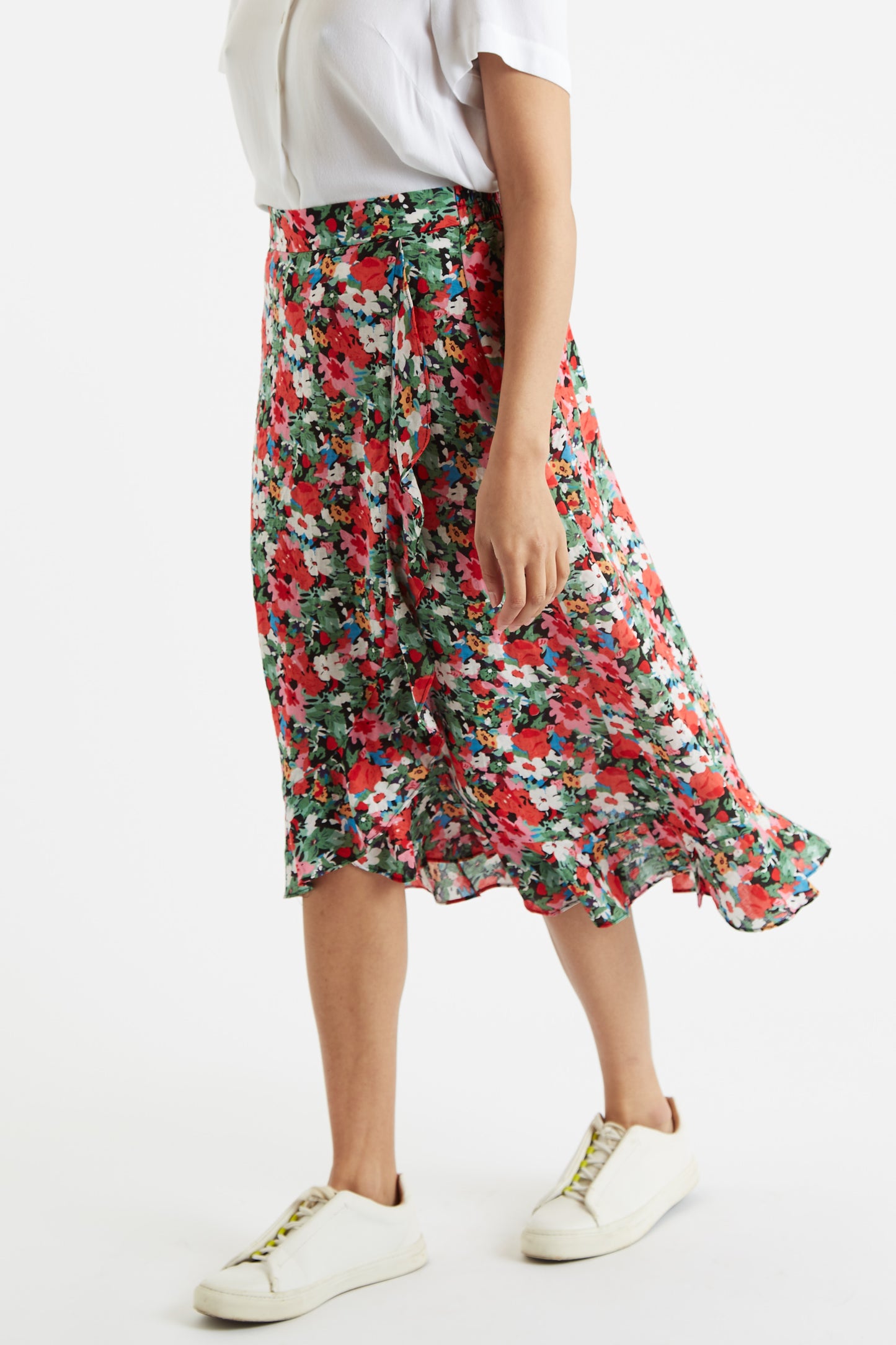 Louche Mara Flower Splash Print Ruffle Hem Wrap Midi Skirt