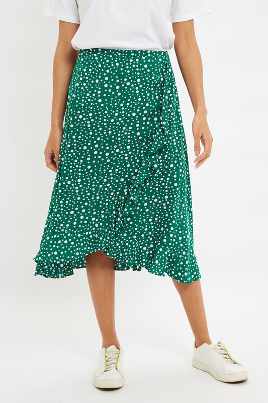 Louche Mara Spot It Print Ruffle Hem Wrap Midi Skirt Green