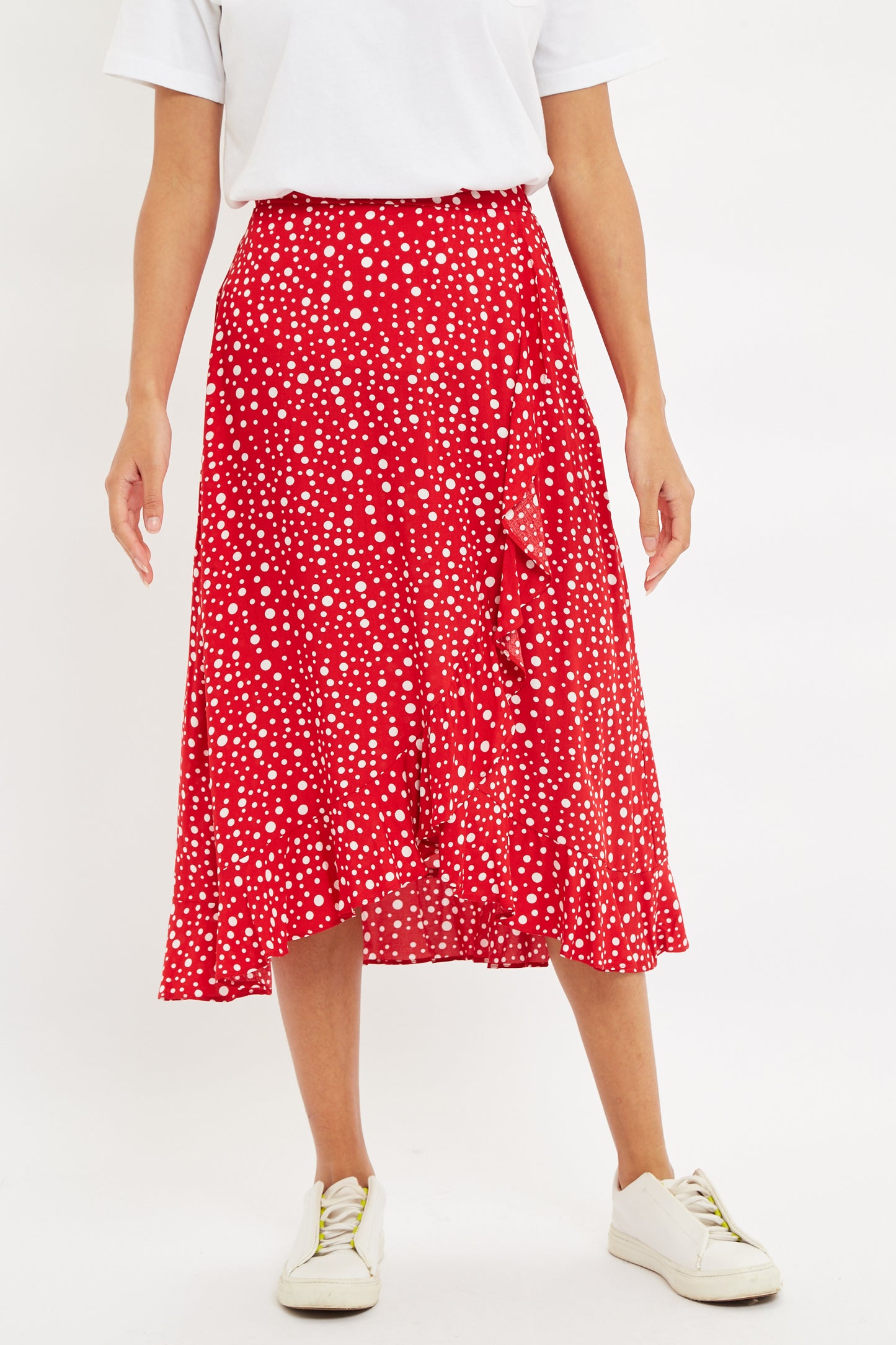 Louche Mara Spot It Print Ruffle Hem Wrap Midi Skirt Red