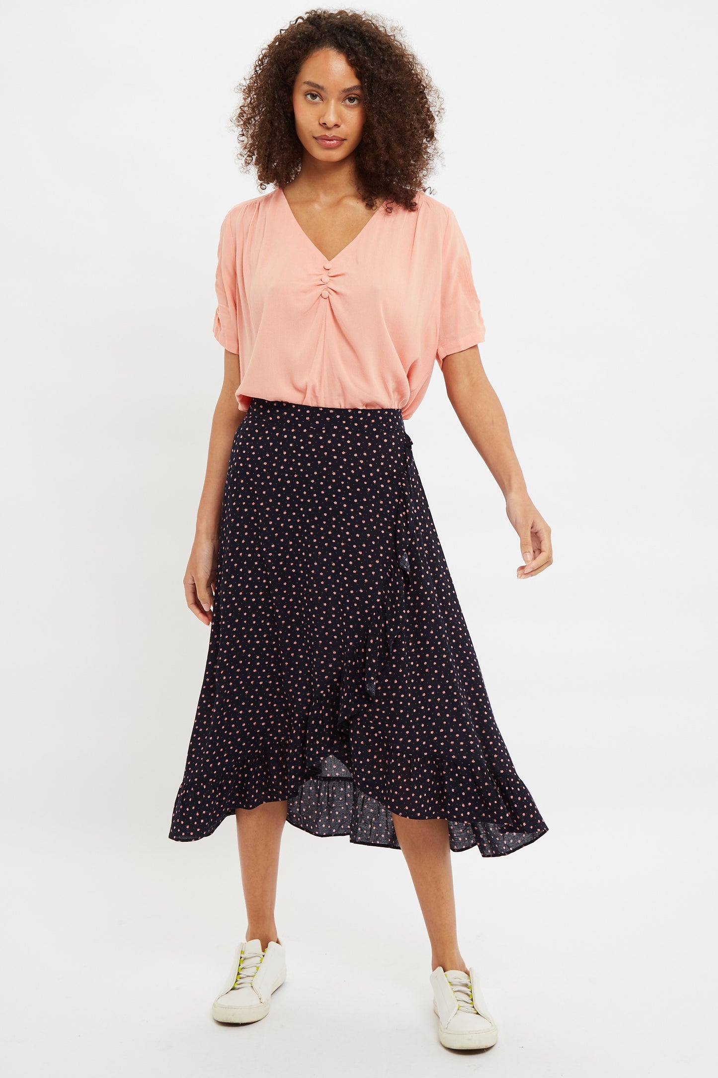 Louche Mara Teeny Flower Bud Print Ruffle Hem Wrap Midi Skirt