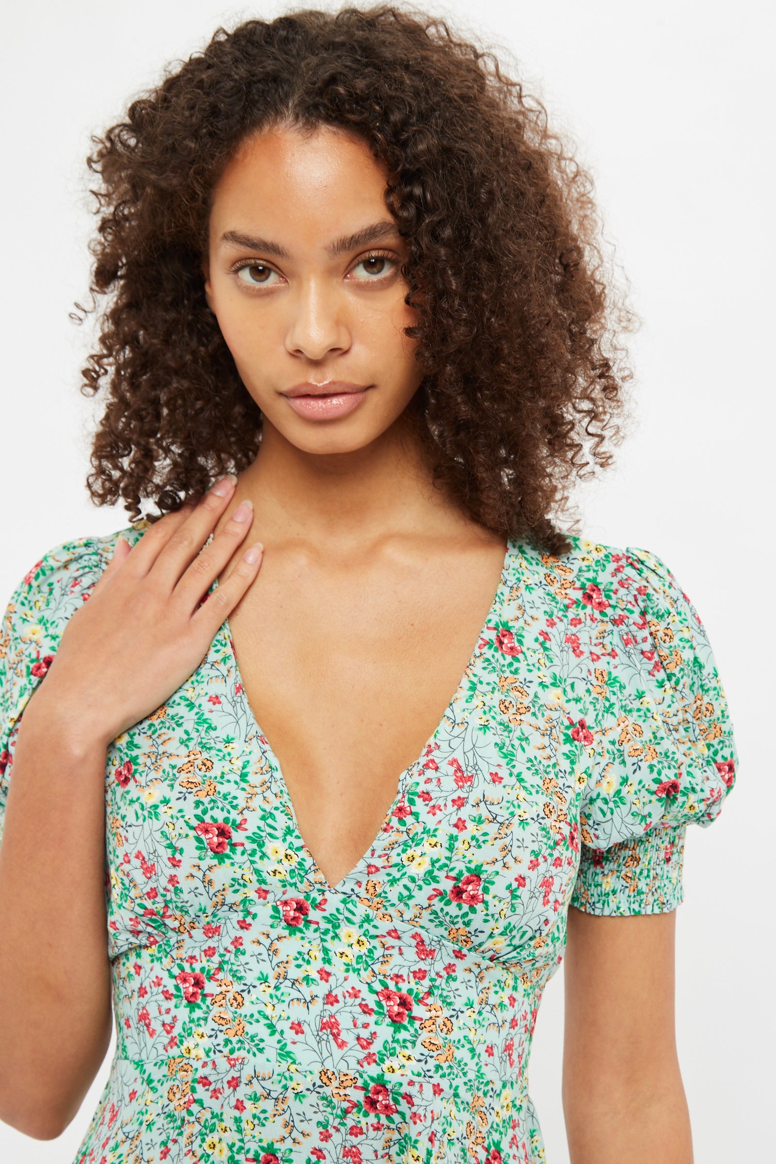 Louche Merle Flower Show Print V Neck Short Sleeve Tea Dress Green