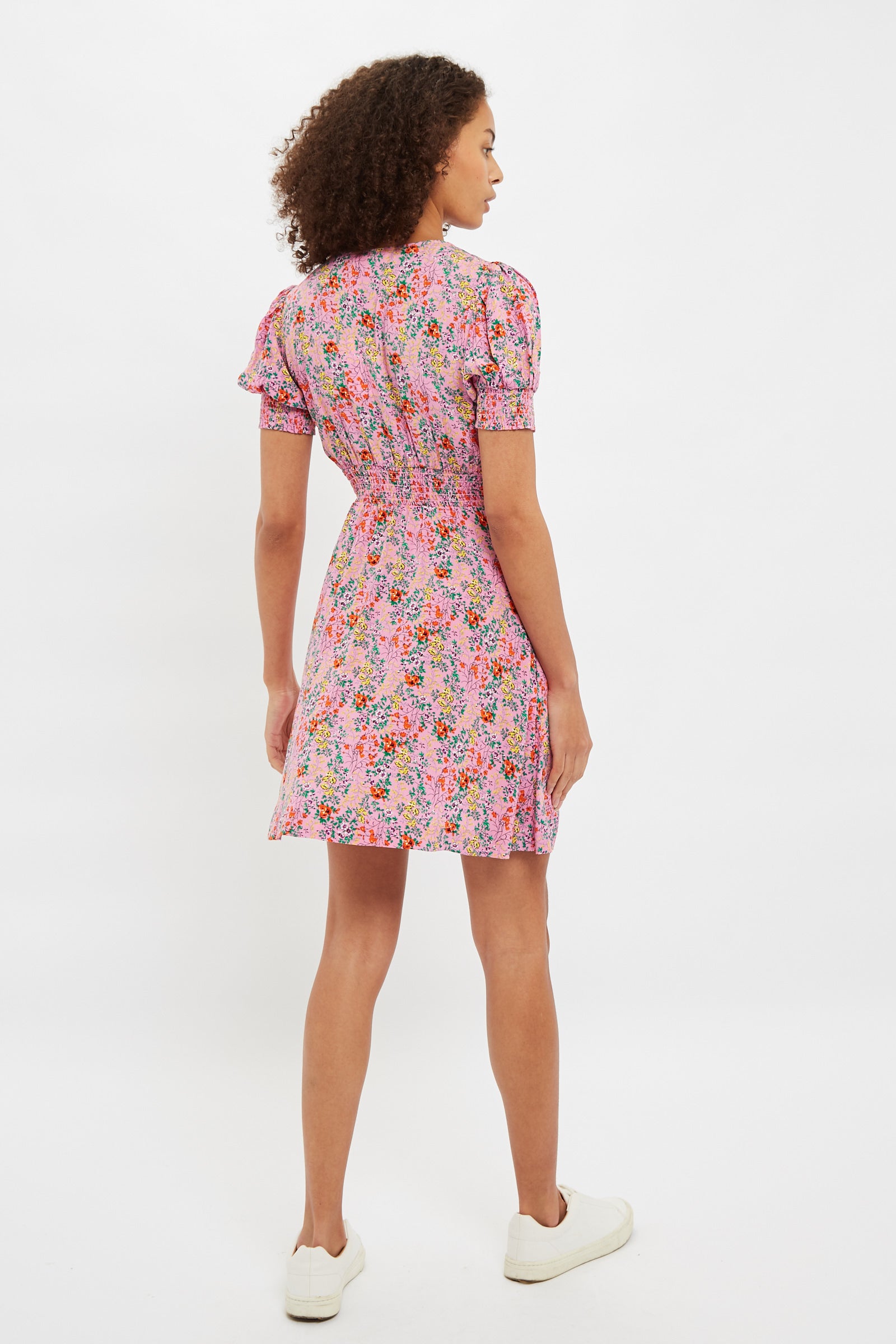 Louche Merle Flower Show Print V Neck Short Sleeve Tea Dress Pink