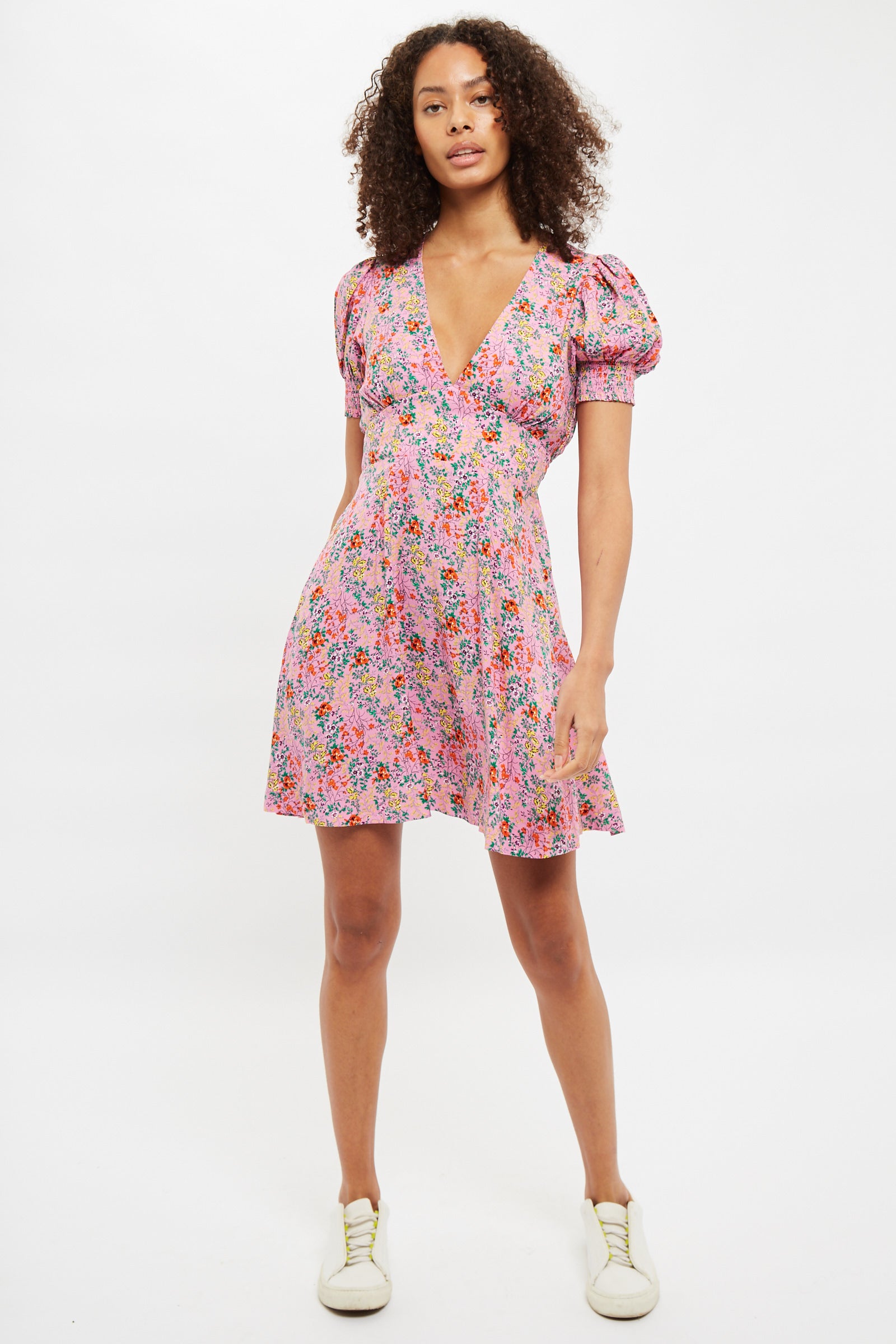 Louche Merle Flower Show Print V Neck Short Sleeve Tea Dress Pink