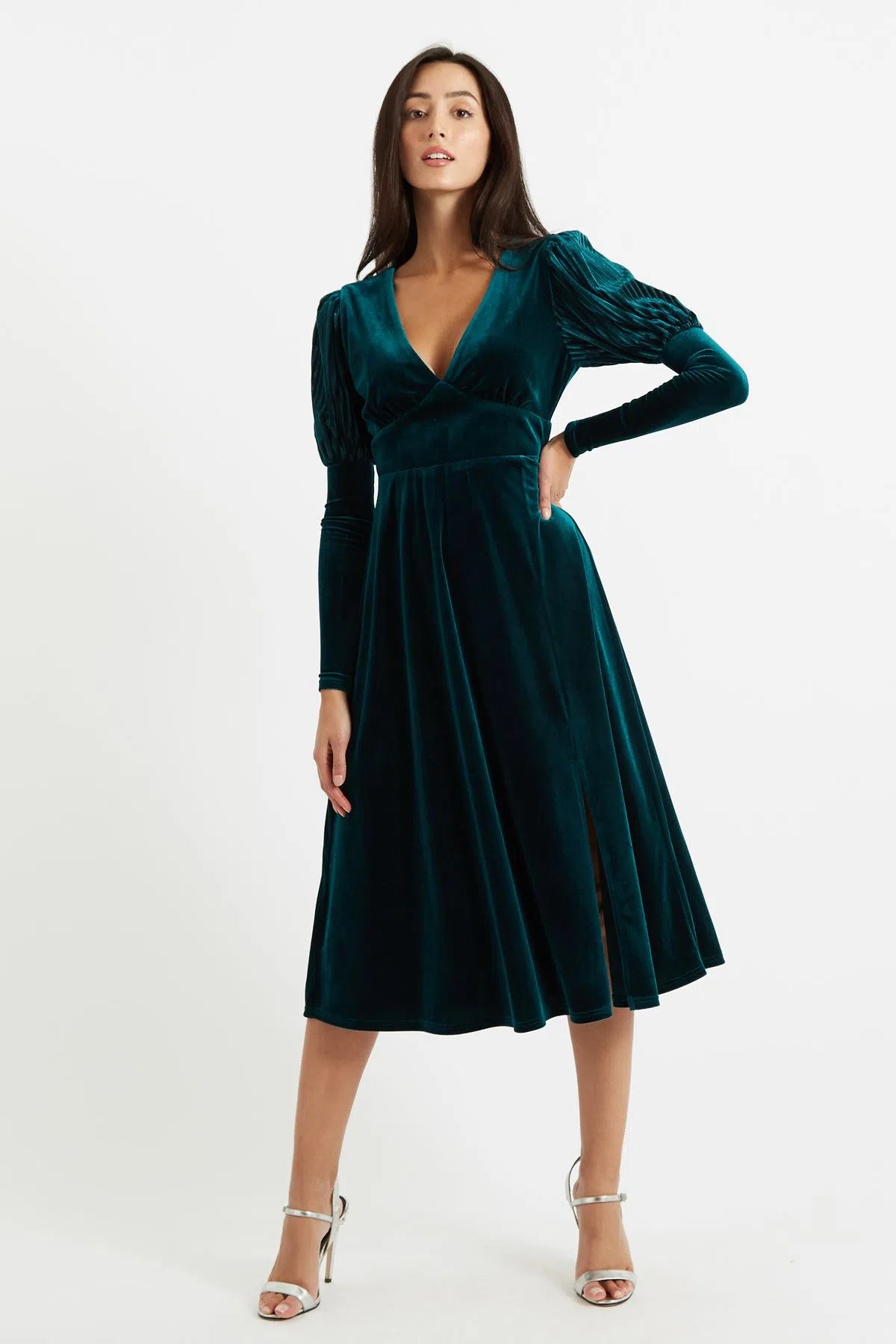 Louche Moa Velvet Stripe V Neck Midi Dress