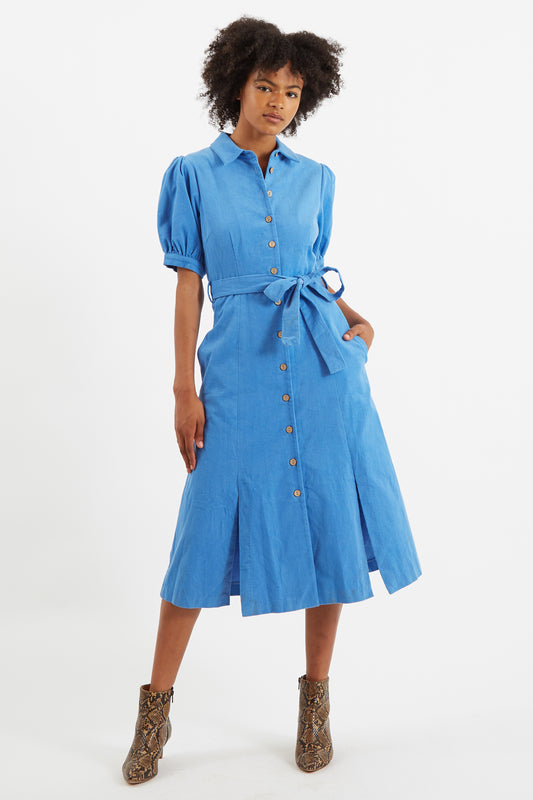 Mollie Baby Cord Blue Puff Sleeve Midi Dress