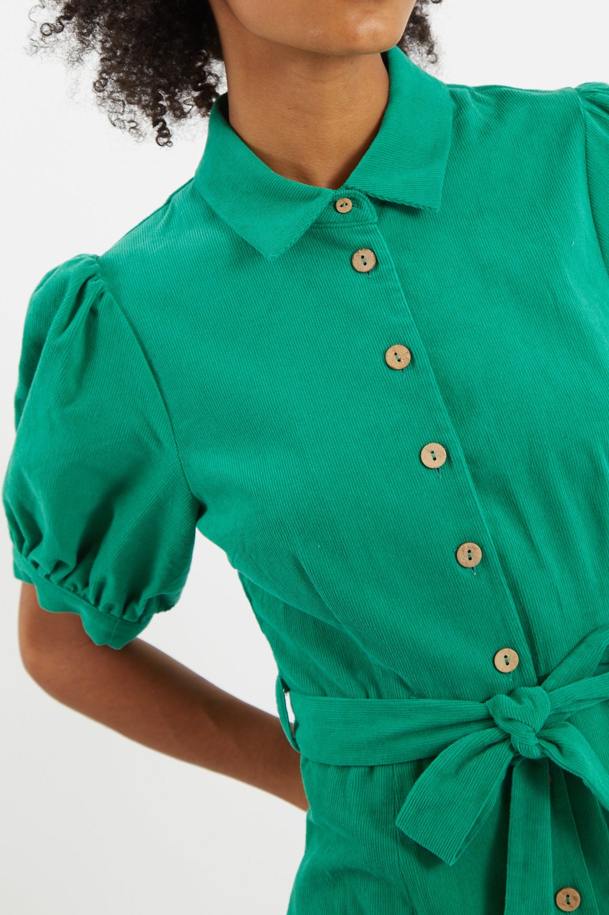 Mollie Baby Cord Puff Sleeve Midi Dress Green - Detail 1